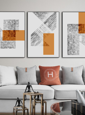 轻奢橙色油画简约后现代抽象画装饰画客厅背景组合三联画床头挂画