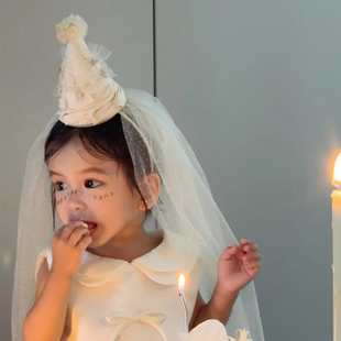 网红女孩儿童周岁公主宝宝派对头饰生日帽子带纱发箍装饰场景布置