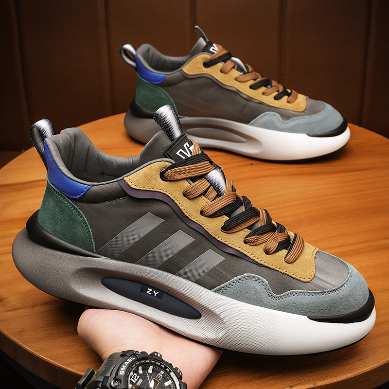 四季新款男鞋青年时尚休闲皮面老爹鞋厚底百搭男士真皮潮流运动鞋