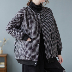 夹棉加厚保暖棉衣棉服女2023年新款冬季外套大码显瘦短款格子棉袄