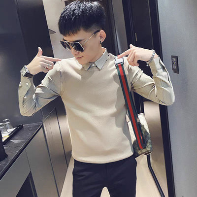 针织衫毛衣衬衫领假两件痞帅