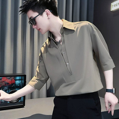 短袖男衬衫夏季网红衬衣男款2025年新款高级感痞帅寸衫POLO衫上衣