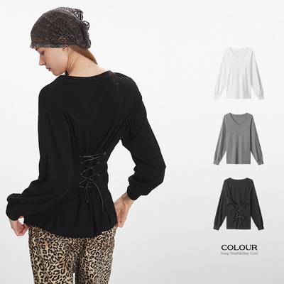 HeyHenry 2025新款秋季设计感收腰长袖T恤女V领高级内搭绑带上衣