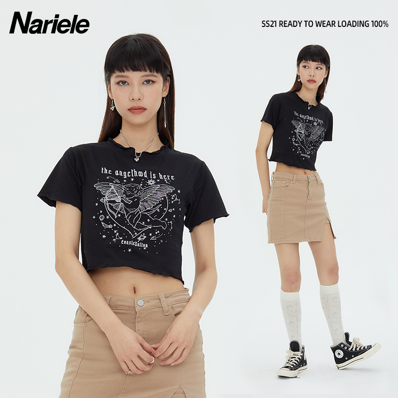 HeyHenry 夏季圆领短袖刺绣上衣女装清凉短款露脐小个子t恤休闲