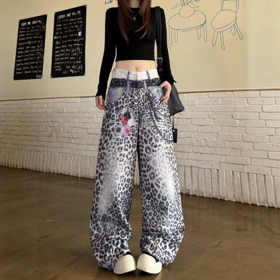 美式辣妹豹纹3D印花双腰头牛仔休闲裤女2026春秋新款宽松阔腿长裤
