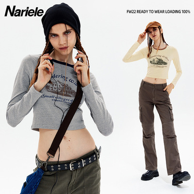 HeyHenry 美式复古简约氛围感长袖打底衫修身显瘦圆领T恤女生秋季