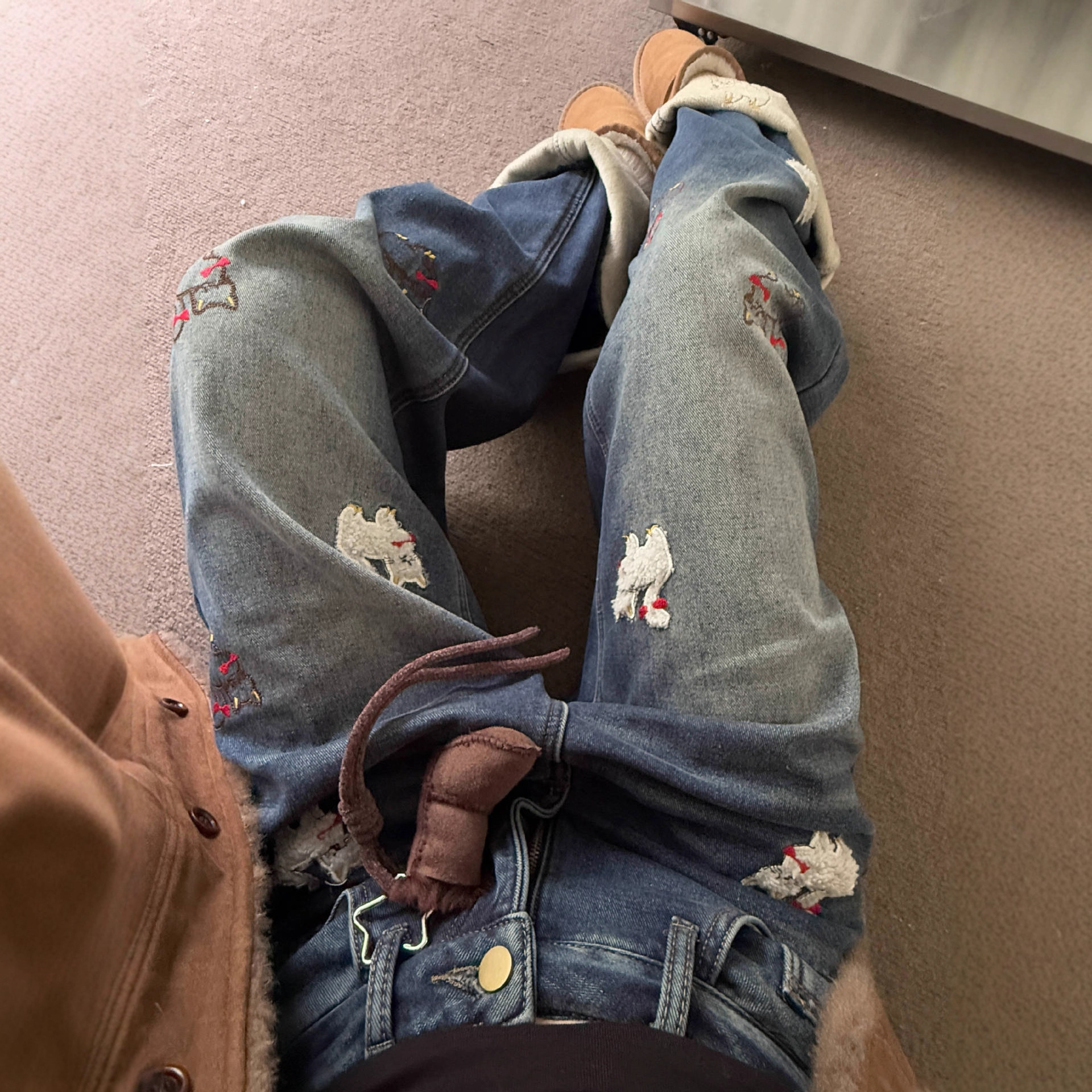 ME KAKAMEE十三行冬复古植绒小猫加绒宽松牛仔裤子(配公仔) C0623