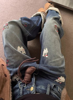 ME KAKAMEE十三行冬复古植绒小猫加绒宽松牛仔裤子(配公仔) C0623