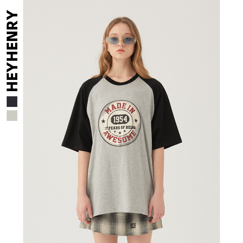 HeyHenry原宿撞色插肩袖港风情侣bf短袖t恤男日系宽松夏季ins潮流