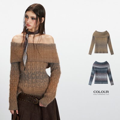 HeyHenry美式修身显瘦一字领长袖针织衫女露肩辣妹套头秋冬季毛衣