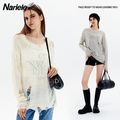 HeyHenry 早秋新款宽松针织衫男女生圆领薄款破洞长袖镂空毛衣ins