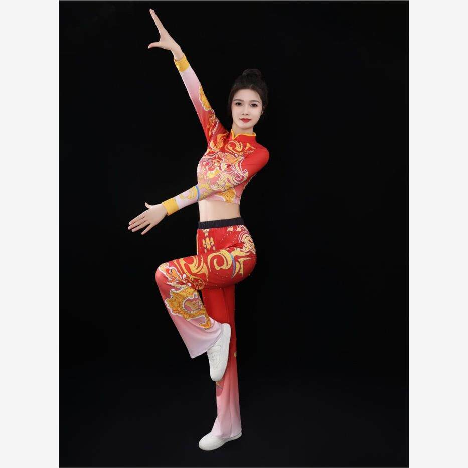 健美操服装成人比赛服中国风红比赛运健身操体操儿童啦啦队演出服