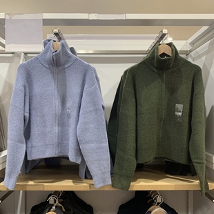 棵米ai蕉家纯色慵懒风拉链高领针织开衫可翻领毛衣毛衫外套480490