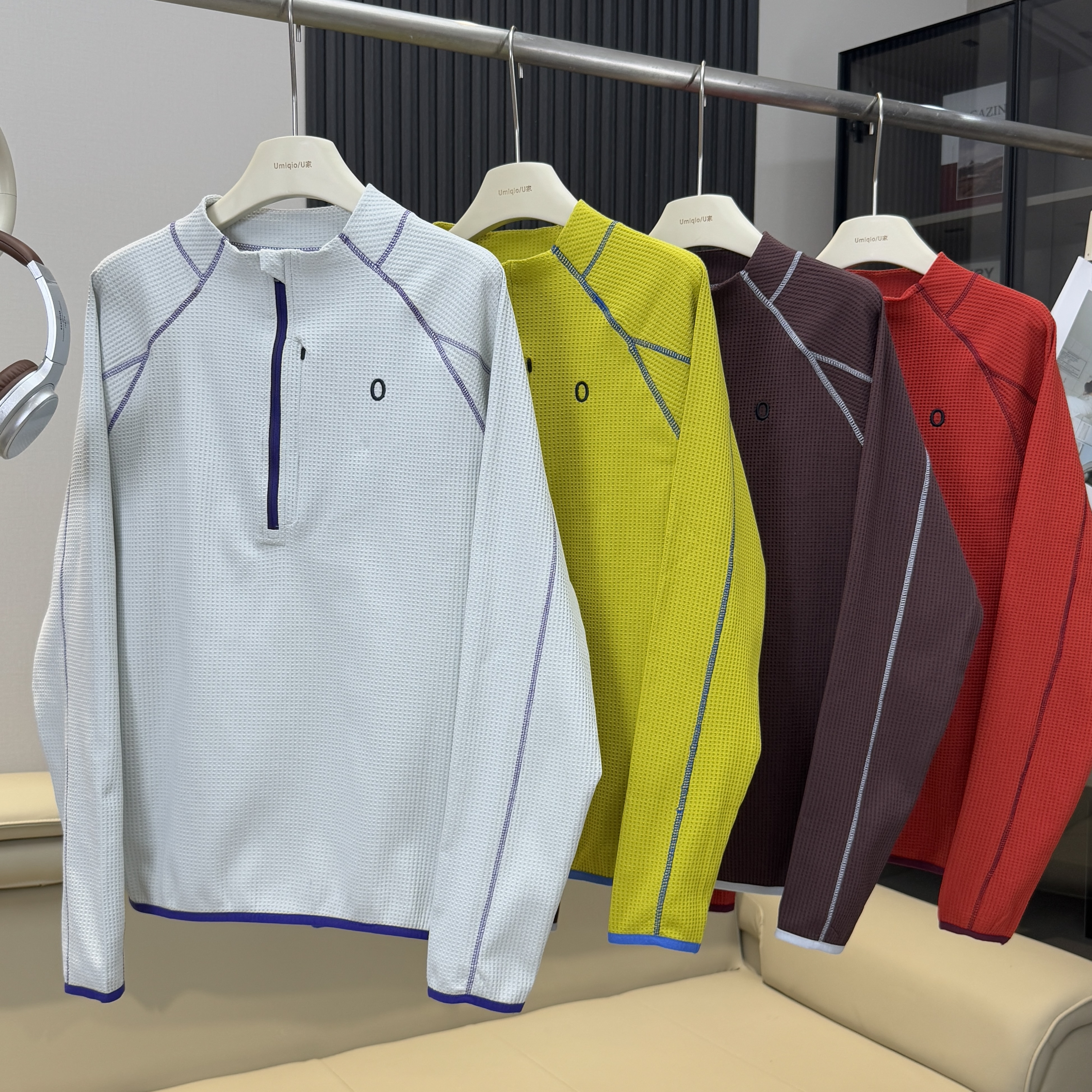 棵米ai蕉家！户外山系情侣款宽松半拉链立领刺绣速干长袖T恤卫衣