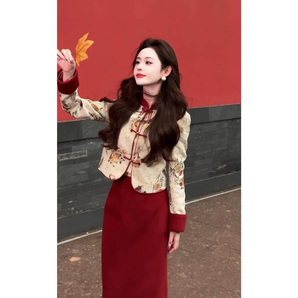 锦绣山河红色新中式国风2025新款改良旗袍夹棉外套两件套冬季