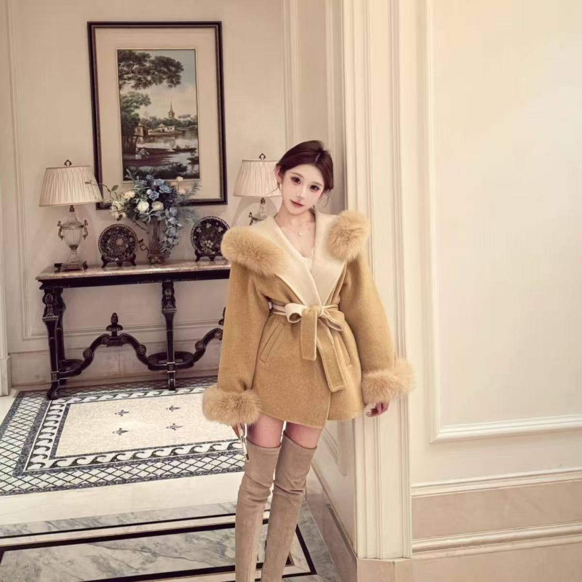 2025秋季新款韩系时尚高级感毛呢外套女纯欲风毛领外套显瘦外套
