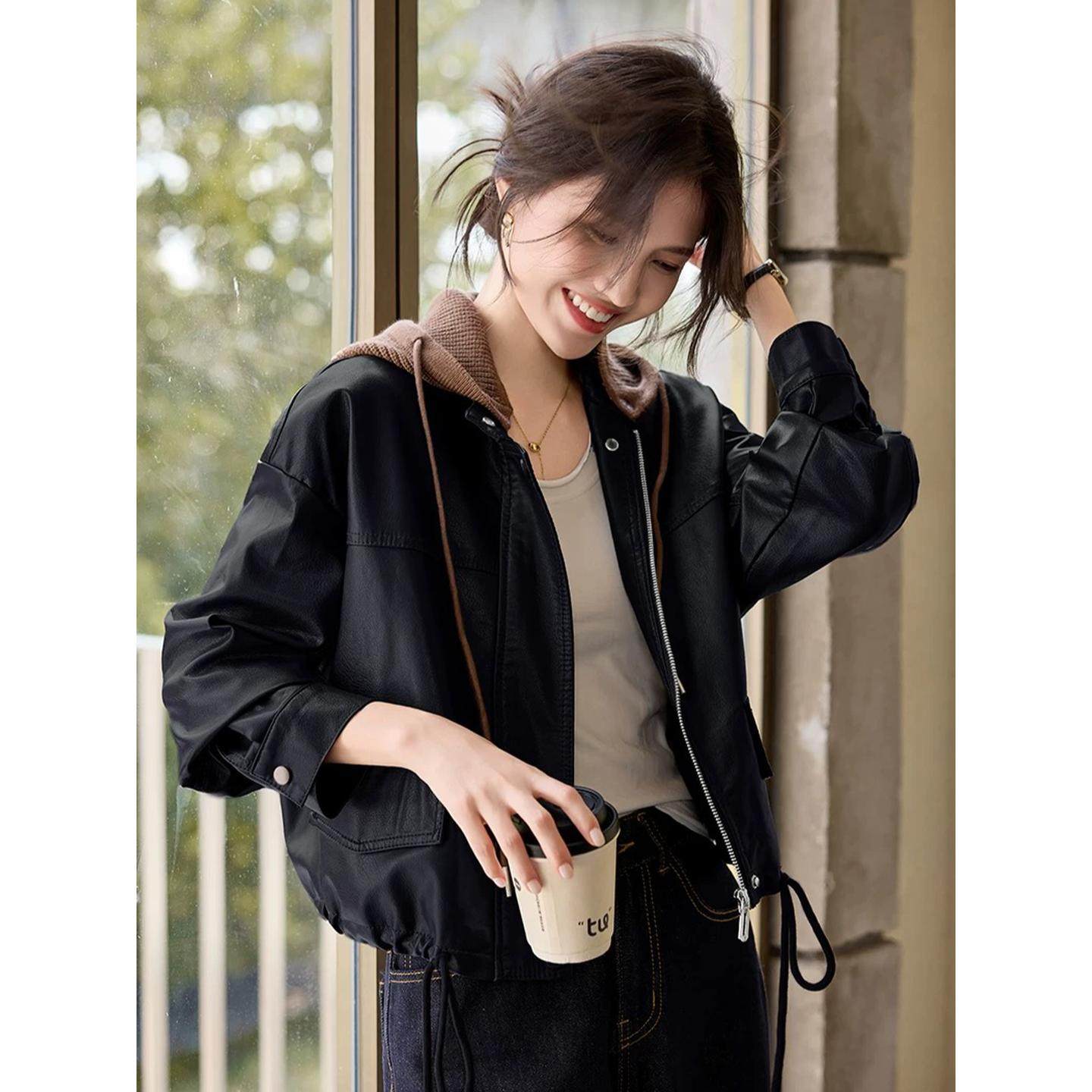 实拍实价美拉德穿搭PU皮衣外套女复古机车夹克酷飒风可脱卸帽上衣,女装/女士精品,皮衣,淘宝优惠券,粉丝福利购,淘宝优惠卷