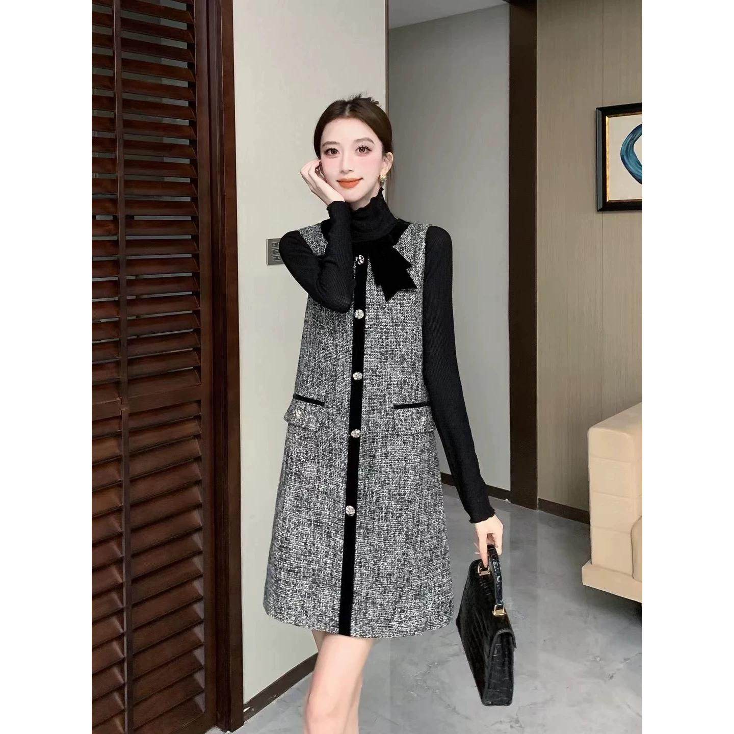 减龄蝴蝶结背心裙内搭两件套女秋季韩版显瘦小香风直筒裙