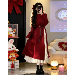 过新年战袍红色针织连衣裙子女秋冬季2026新款韩系超火穿搭一整套