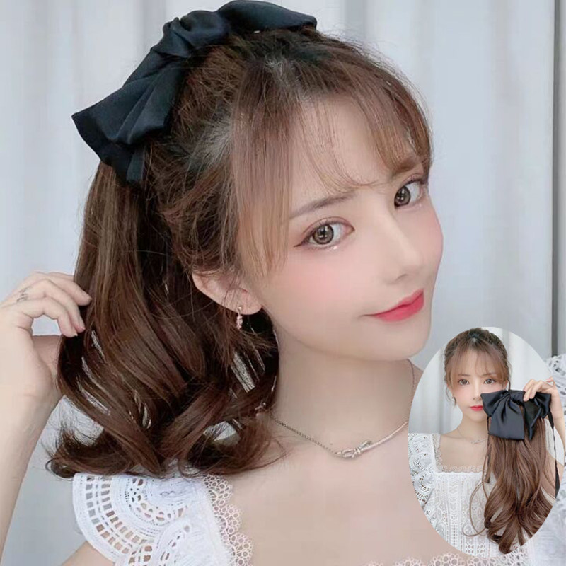 蝴蝶结假发马尾女短梨花卷发自然