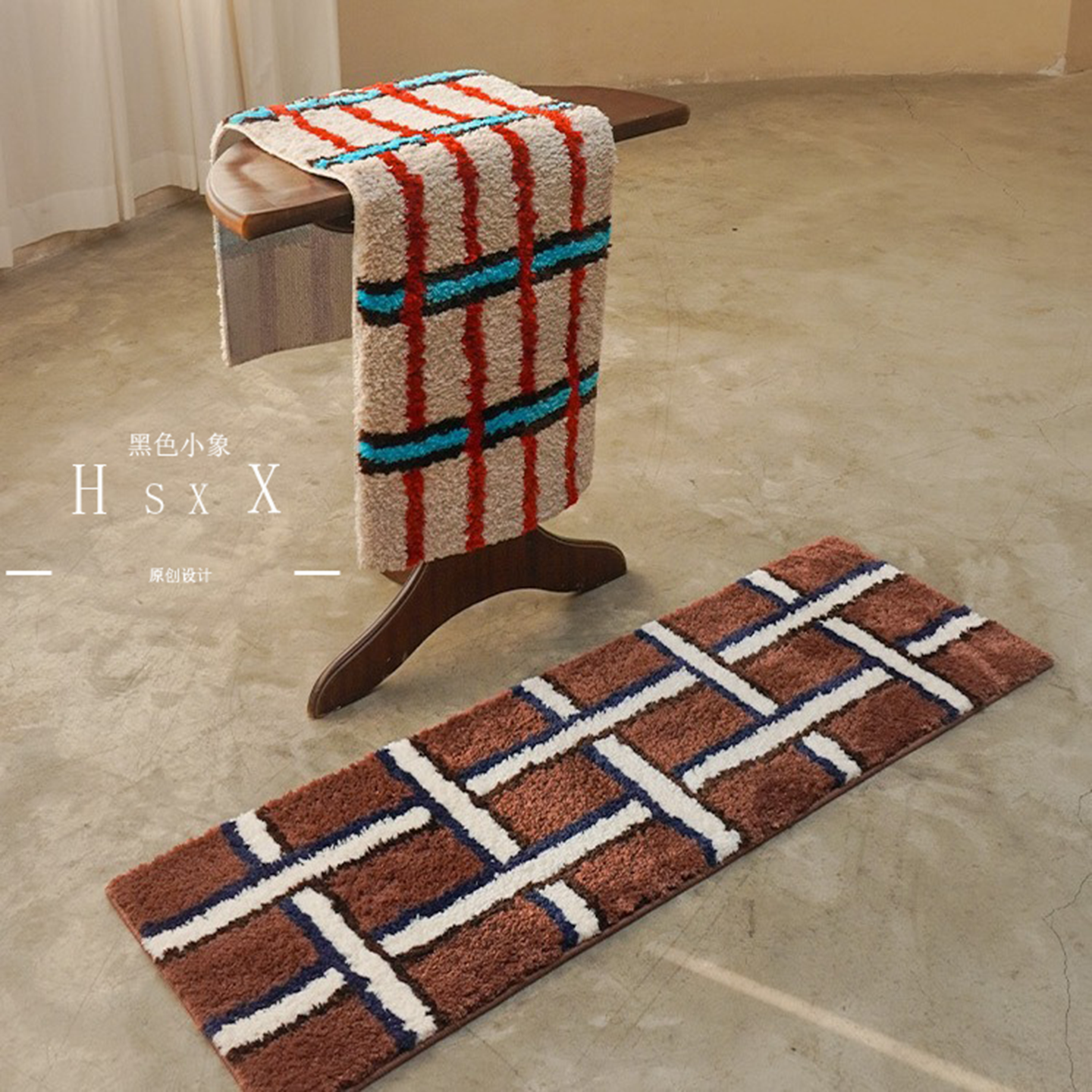 棕色中古风卧室地毯条纹植绒地垫