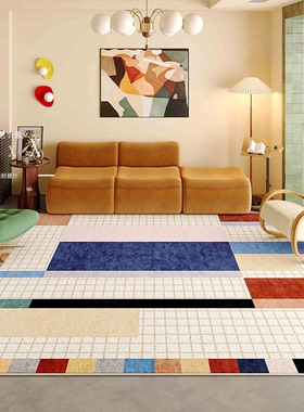 黑色小象多巴胺格子客厅地毯家用吸水防滑沙发茶几中古满铺易打理