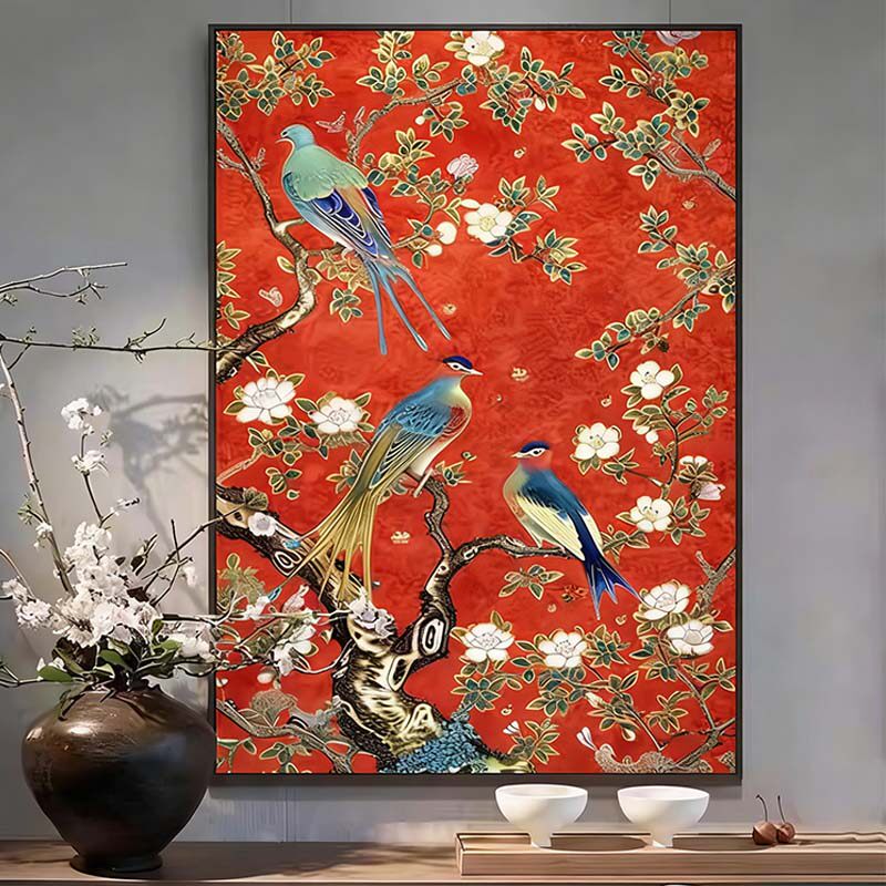 喜上眉梢新中式入户玄关挂画好寓意红色喜庆客厅沙发背景墙装饰画