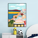 饰画丙烯画 卡通海边城堡数字油画diy手工填色减压现代儿童卧室装