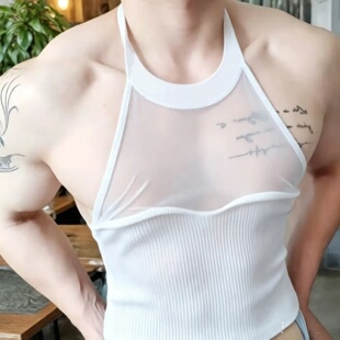 男士露背吊带背心超短露腰无袖背心男生性感吊脖夏季修身显瘦上衣