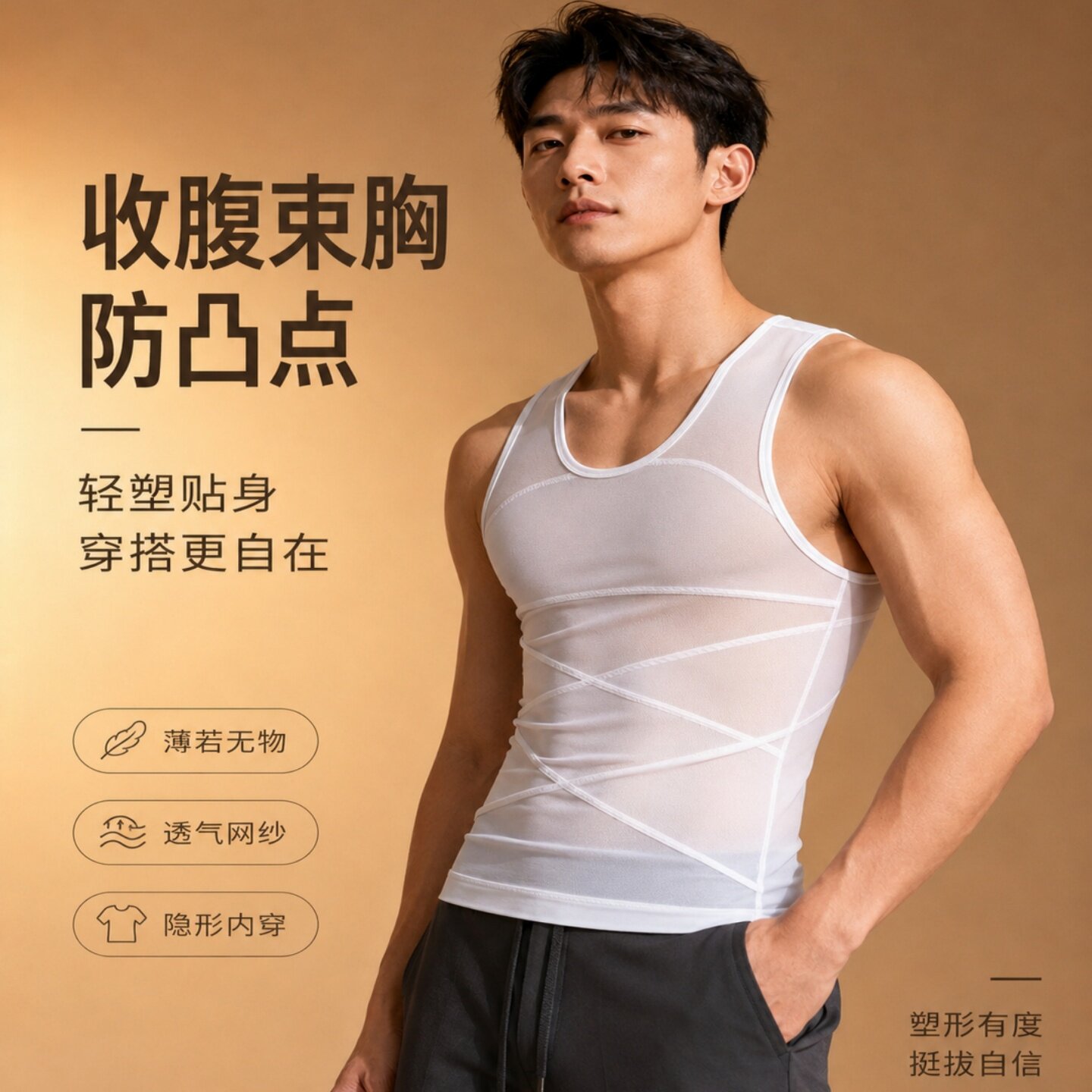 男士防凸点背心隐形无痕束胸超薄透气塑身衣藏肉神器紧身收腹内衣