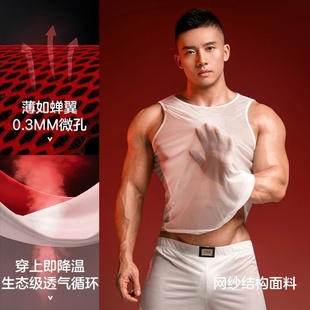 午夜时刻男士夏季运动夜店舞台网纱上衣轻薄无袖性感透视背心潮款