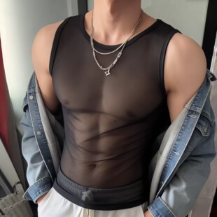 男士网纱运动背心网红主播同款衣服性感透视修身显瘦黑色无袖上衣