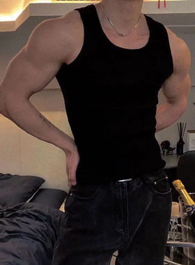 男士夏背心重磅棉粗螺纹健身弹力运动修身工字吸汗显肌肉黑色坎肩