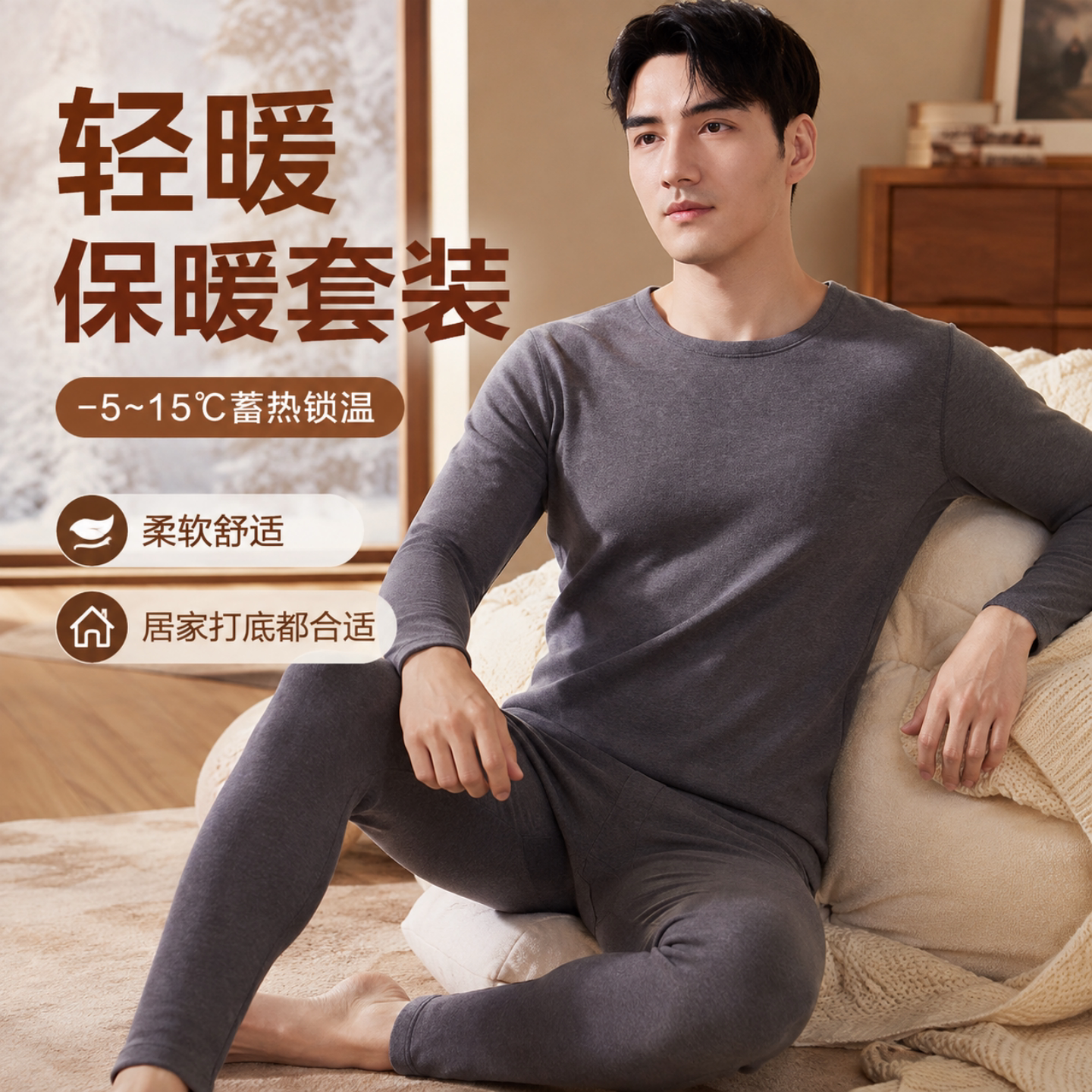 男款居家保暖内衣贴身秋衣秋裤套装圆领秋冬季弹力柔软舒适高腰裤
