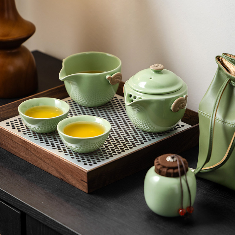 汝窑快客杯便携式户外一壶二四杯喝茶装备一人随身旅行茶具泡茶壶
