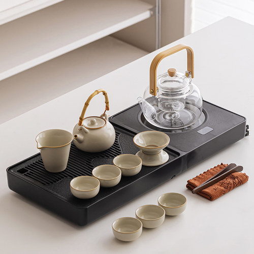 汝窑茶具套装玻璃烧水壶一体茶盘家用客厅泡茶功夫茶具茶台一整套