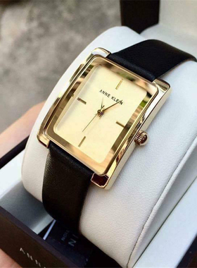 代购正品AK手表女Anne Klein简约方形黑金款皮带石英腕表2706CHBK