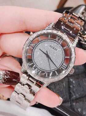 正品Guess手表女镶钻简约银色钢带镂空大表盘石英腕表W1013L1