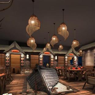 东南亚藤艺田螺吊灯田园风格 阳台庭院灯具农家乐饭店创意复古灯饰