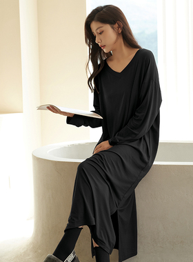 莫代尔睡裙女长袖长款春秋季带胸垫性感宽松大码睡衣可外穿家居服