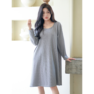 新款睡裙女春秋季纯棉长袖条纹中长款孕妇加大码可外穿家居服宽松