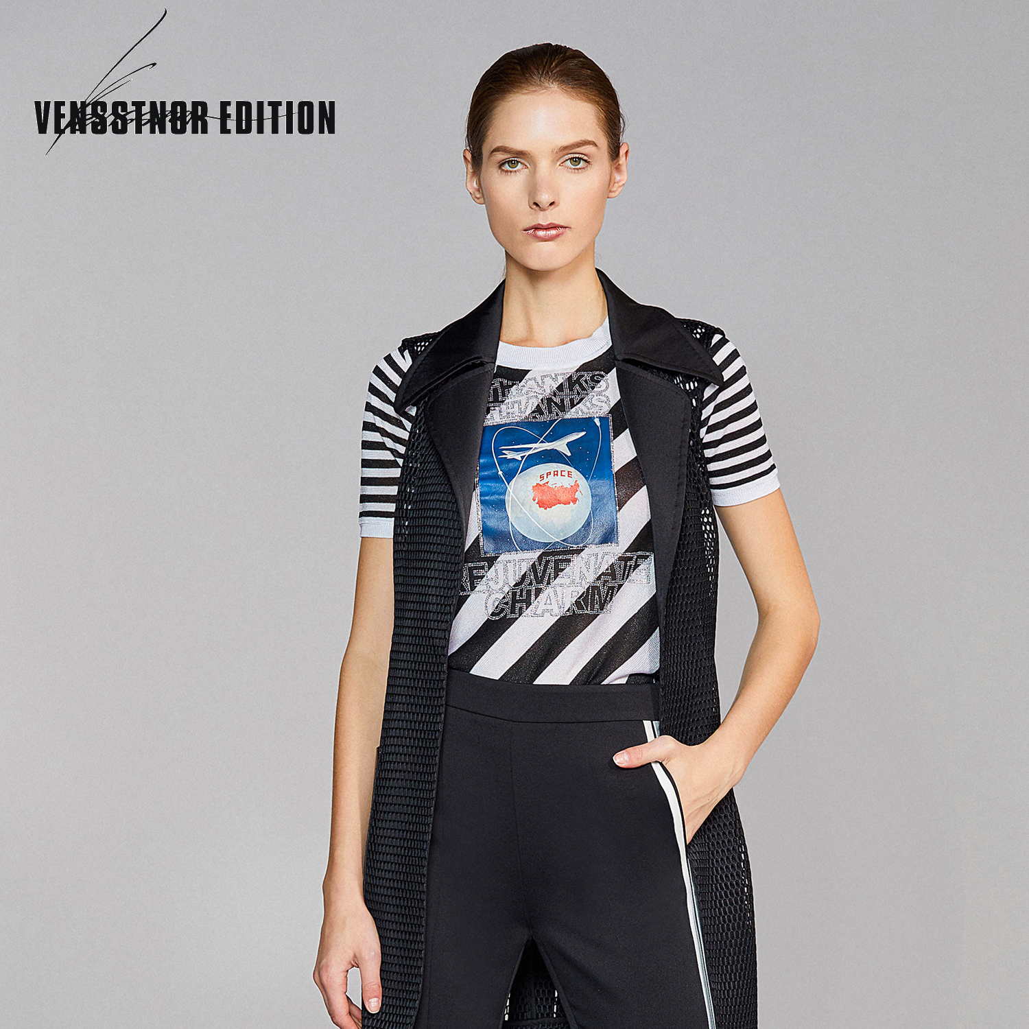 VENSSTNOR/维斯提诺20夏新款圆领条纹图案拼贴装饰修身短袖针织衫