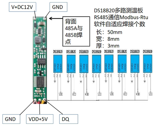 多路多点DS18B20测温主板RS485ModbusRtu通信焊接数量软件自适应