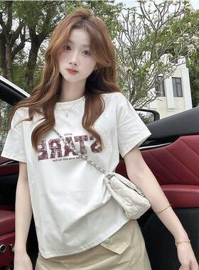 网红新款韩版夏装季白色女装圆领休闲宽松大码百搭印花短袖T恤女