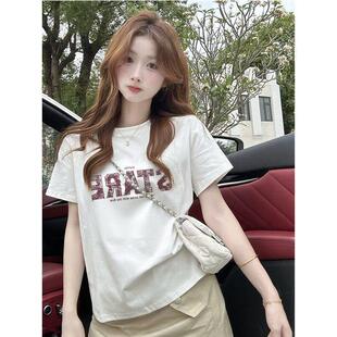 网红新款韩版夏装季白色女装圆领休闲宽松大码百搭印花短袖T恤女