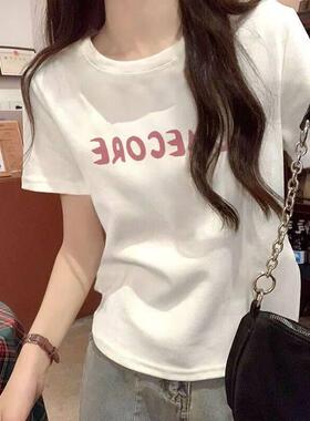 新款韩版夏装休闲宽松大码女装白色短袖T恤圆领印花显瘦百搭T恤女