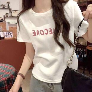 新款韩版夏装休闲宽松大码女装白色短袖T恤圆领印花显瘦百搭T恤女