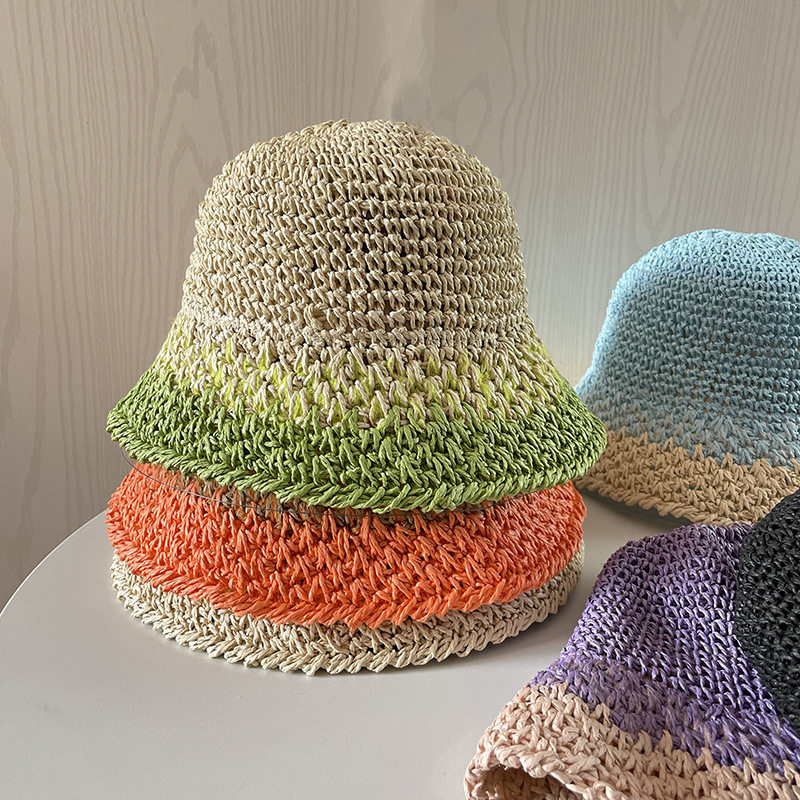 手工编织夏季渐变色草帽女士可折叠度假旅游防晒渔夫帽女钩针帽子