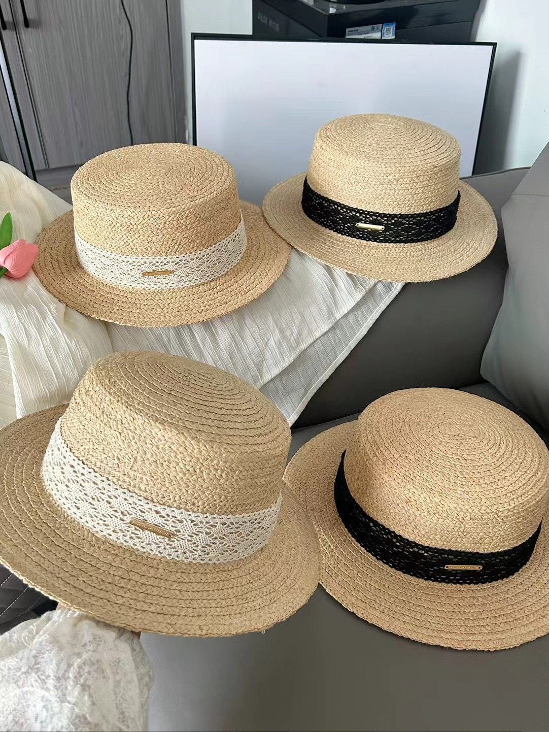 拉菲草平顶草帽女夏季新款性感蕾丝遮阳帽复古优雅礼帽防晒太阳帽
