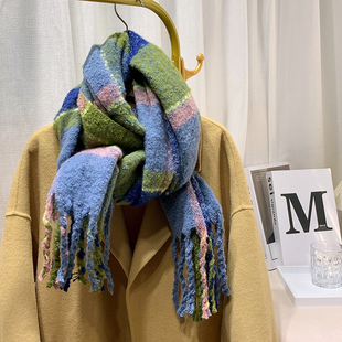 韩国设计师同款ADER拼接仿羊绒格子围巾女冬季保暖学生围脖披肩男